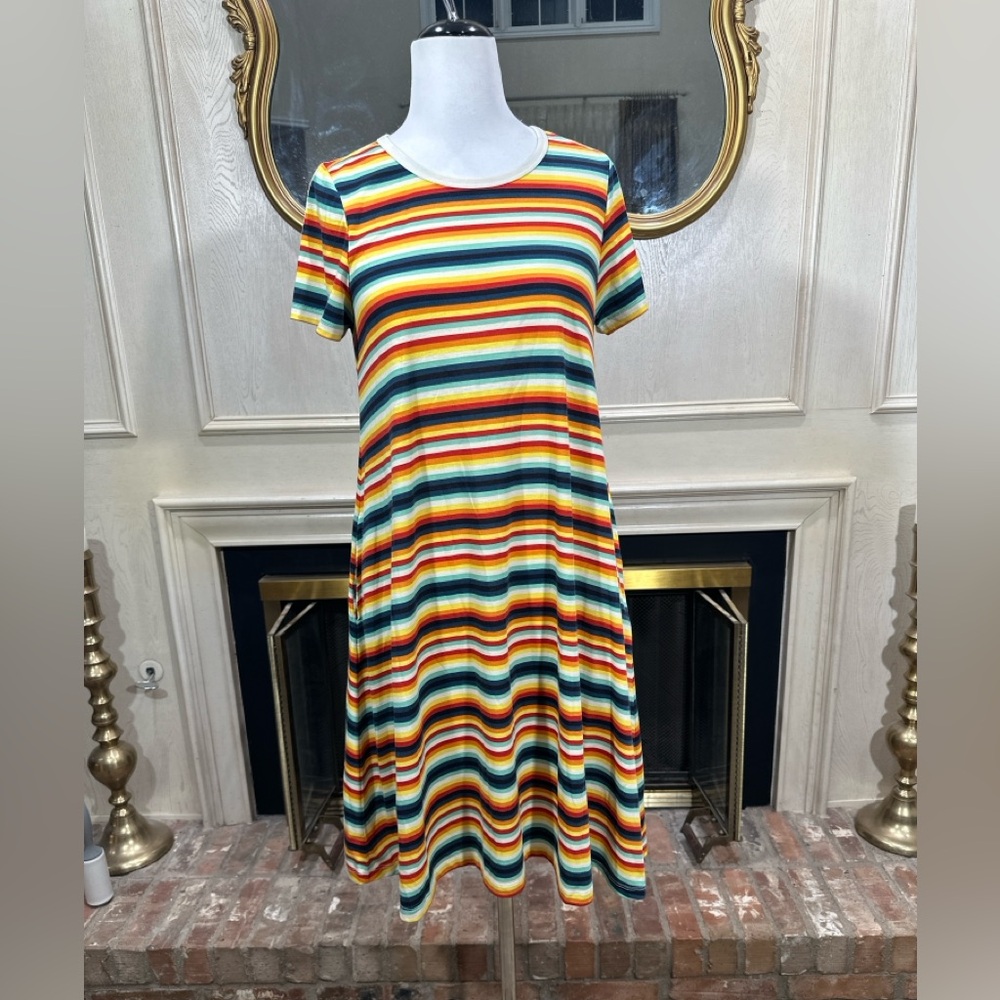 LuLaRoe Jessie Rainbow‎ Stripe Swing Dress Pockets Midi Retro Colorful